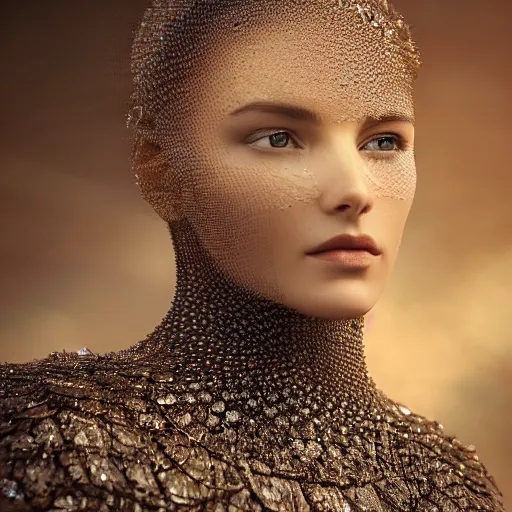 Prompt: full shot of a regal brown woman wearing an intricate and detailed armor made of thousands of dew drops. refracted light. reflections. morning dew.. delicate. translucent. no makeup!! haunting eyes. vulnerable. fragile. ethereal. refracted light. by louise dahl - wolfe. by michal karcz. octane render