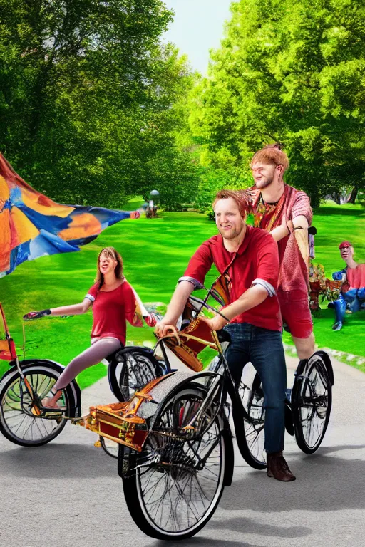 Image similar to potrait of band playing in the park with christiania cargobike. Summer. High definition, Cinematography, mega scans, cinematic, hyper realistic, photo realistic, cinematic composition, highly detailed, vray, 8k render