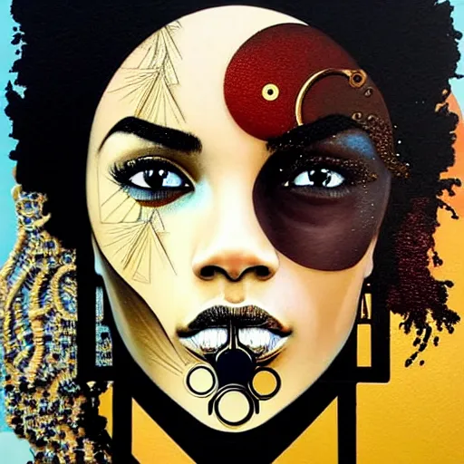 Image similar to portrait and side profile of a black woman :: side profile :: in ocean :: clockwork details :: gold :: blood and horror :: by vikings and Sandra Chevrier