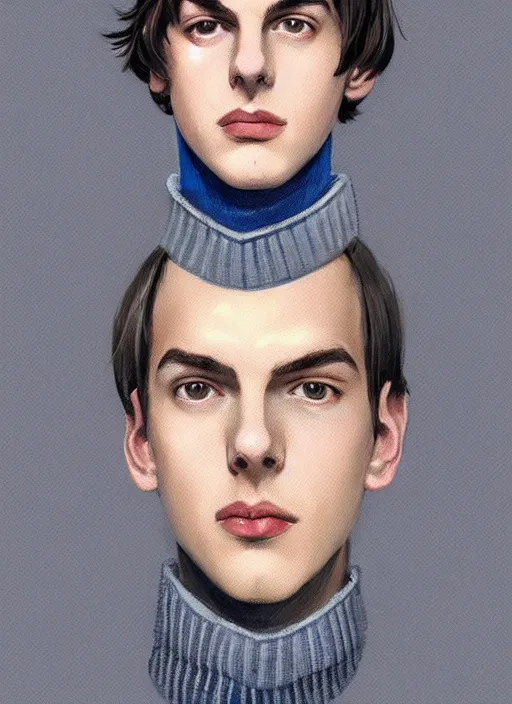 Image similar to portrait of teenage jughead jones wearing a light grey crown, crown, light grey crown, blue turtleneck, 1 9 5 0 s, closed eyes, intricate, elegant, glowing lights, highly detailed, digital painting, artstation, concept art, smooth, sharp focus, illustration, art by wlop, mars ravelo and greg rutkowski