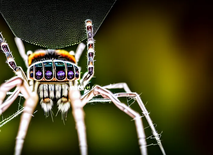 Image similar to macro portrait of a crystal spider in the forest. Fantasy magic style. Highly detailed 8k. Intricate. Nikon d850 300mm. Award winning photography.