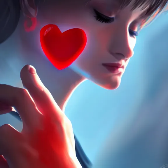 Prompt: close up woman blowing the red heart emoji from her hand, trending on artstation, concept art, high detail, sharp, unreal engine