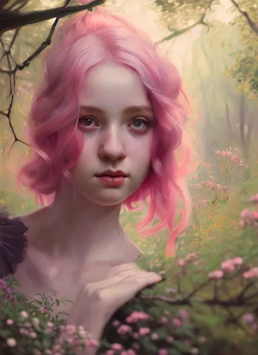 Image similar to whimsical young woman, beautiful girl, full body, pink hair, in a forest, realistic, serov, surikov, vasnetsov, repin, kramskoi, insanely detailed, charlie bowater, tom bagshaw, high resolution, octane rendered, unreal engine, illustration, trending on artstation, masterpiece, 8 k