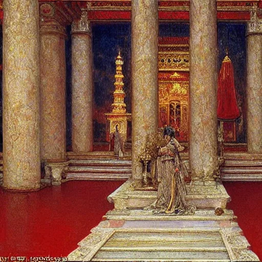 Prompt: a red floor in a white ivory and golden temple with elegant finiture and glassy statues, by segantini, by gustave Moreau,