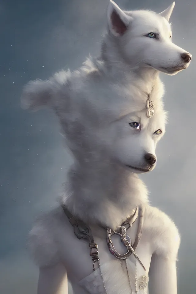 Prompt: white husky dog character portrait in the sky market, color page, 4 k, tone mapping, doll, akihiko yoshida, james jean andrei riabovitchev marc simonetti, yoshitaka amano, digital illustration, braided hair, ringlet, curls, fine art,