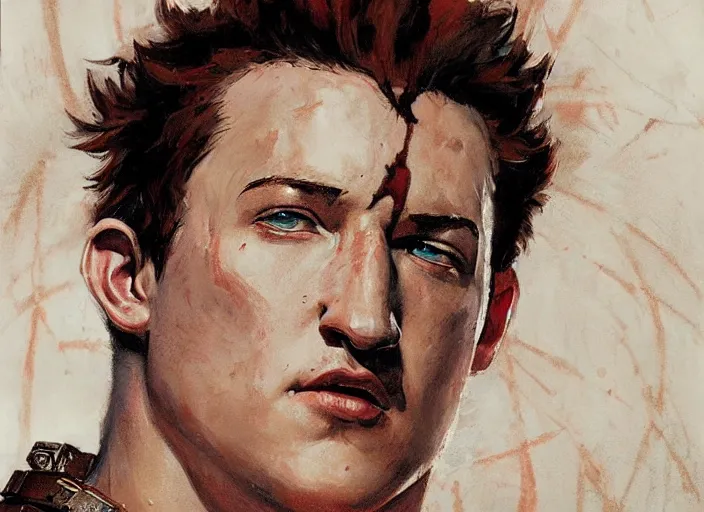 Image similar to a highly detailed beautiful portrait of miles teller as kratos, by gregory manchess, james gurney, james jean