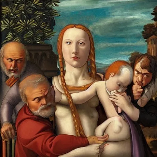 Image similar to a renaissance painting of anya from the anime spy family in a biblical hellscape