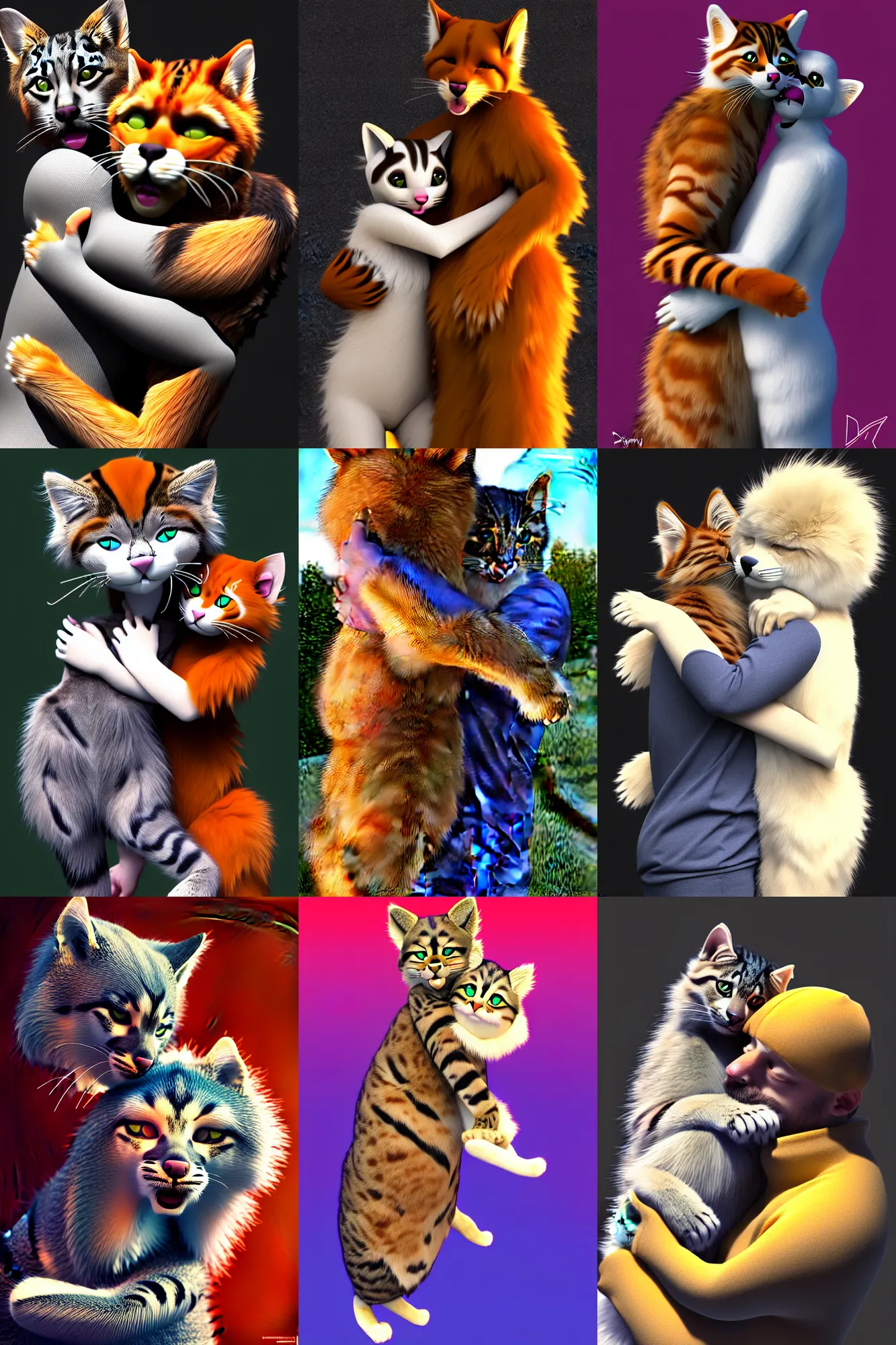 Prompt: photorealistic : hugged by feline furry man fursona, just an absolute goofball of a floofball, dmt, ue 5, furry fandom, raytracing, trending on weasyl