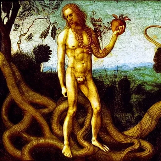 Image similar to the snake in the garden of eden holding a golden apple in its hand, coiled around a tree. painted by leonardo davinci