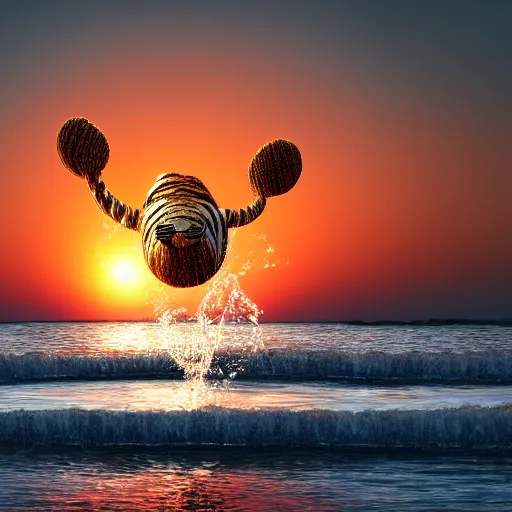 Prompt: a closeup photorealistic photograph of a cute smiling knitted tiger hippopotamus splashing after beachballs during sunset. surf in background. professional capture. this 4 k hd image is trending on artstation, featured on behance, well - rendered, extra crisp, features intricate detail, epic composition and the style of unreal engine.