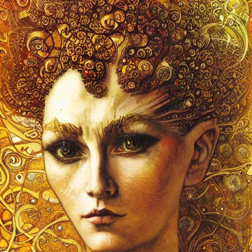 Image similar to Divine Chaos Engine by Karol Bak, Jean Deville, Gustav Klimt, and Vincent Van Gogh, beautiful visionary face portrait, sacred geometry, otherworldly, fractal structures, ornate gilded medieval icon, third eye, spirals