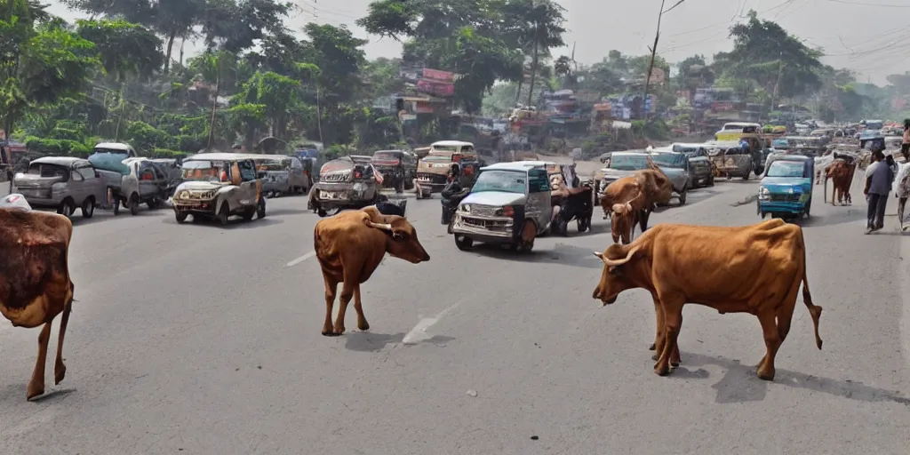 Image similar to car traffic in India caused by a cow in the middle of the road