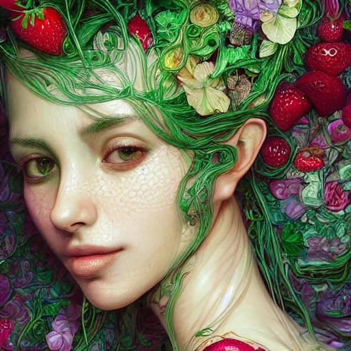 Prompt: the portrait of an absurdly beautiful, graceful, elegant, sensual woman made of strawberries and green petals, an ultrafine hyperdetailed illustration by kim jung gi, irakli nadar, intricate linework, bright colors, octopath traveler, final fantasy, unreal engine 5 highly rendered, global illumination, radiant light, detailed and intricate environment