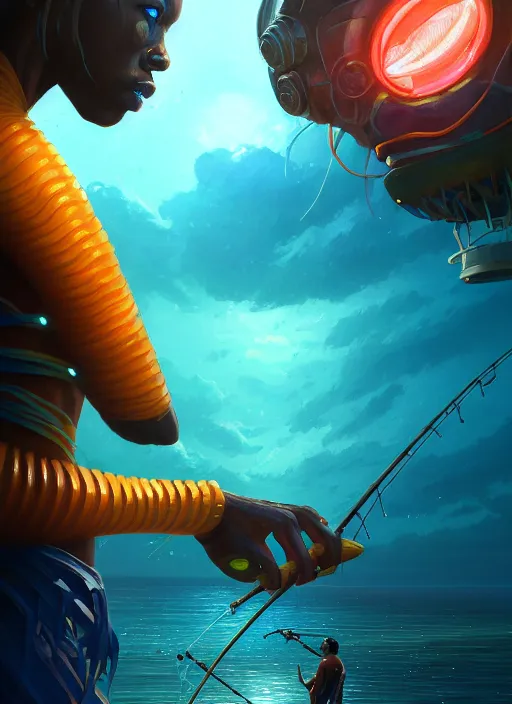 Image similar to portrait of a jamaican fisherman sci - fi glowing fishing armor muscular cyberpunk intricate elegant highly detailed digital painting artstation concept art, ocean background, jamaican colors, cinematic, greg rutkowski, loish, rhads, ferdinand knab, makoto shinkai and lois van baarle, ilya kuvshinov, rossdraws, tom bagshaw