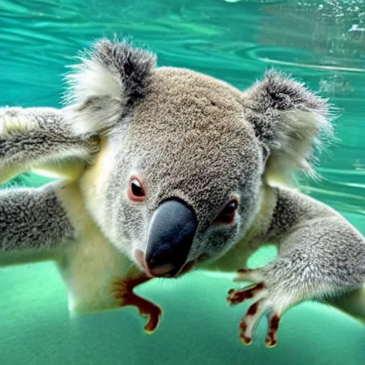 Image similar to koala swimming under water with his friend a frog