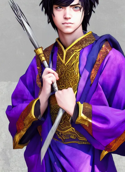 Image similar to An epic fantasy comic book style portrait painting of teenager boy with straight indigo hair, purple eyes with red eye markers, slim body, wearing a detailed Japanese kimono with golden armpieces, holding a pair of fans. Unreal 5, DAZ, hyperrealistic, octane render, cosplay, RPG portrait, dynamic lighting