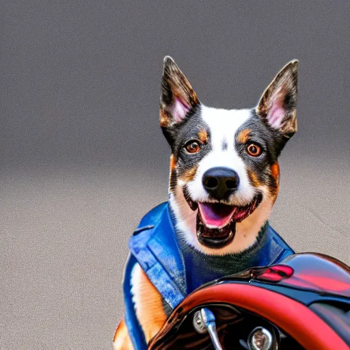 Image similar to blue heeler dog on a motorcycle, 8 k photography, blurred background of a wafflehouse