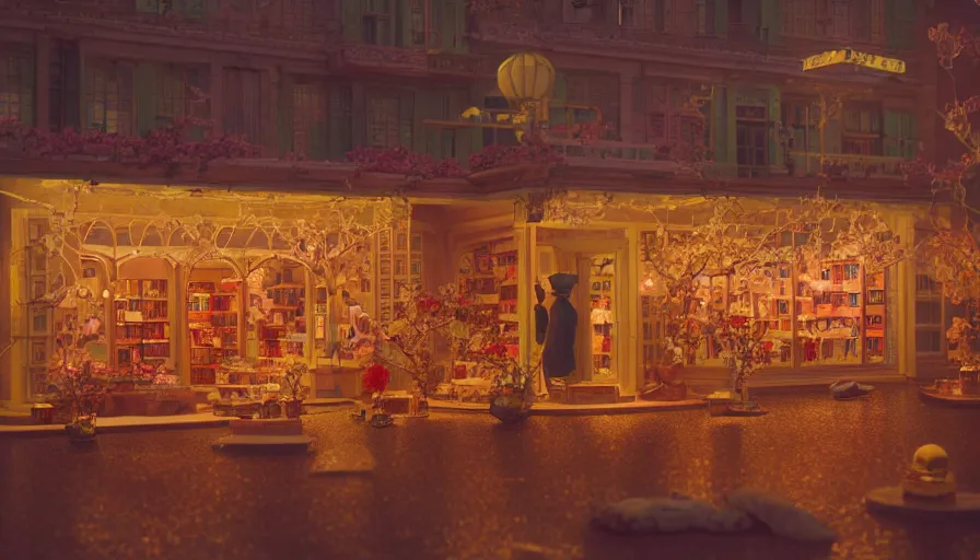 Prompt: a Wes Anderson 35mm film still of a very magic bookshop with a miniature mountain city inside, golden hour, falling cherry blossom pedals, in the style of Gucci, glowing warm lights and floating lanterns, foggy atmosphere, rainy, moody, muted colors, magic details, very detailed, 8k, cinematic look, octane render, psychedelic,