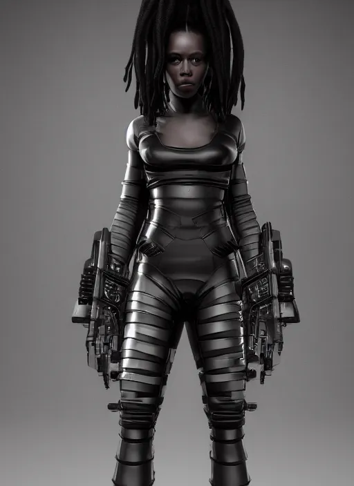 Image similar to a full body portrait of a beautiful black cyberpunk girl with dreadlocks wearing a cybepunk mask by vitaly bulgarov, artstation, cyberpunk, symmetric portrait, sci - fi, vray render, unreal engine, hyperrealism, photorealism