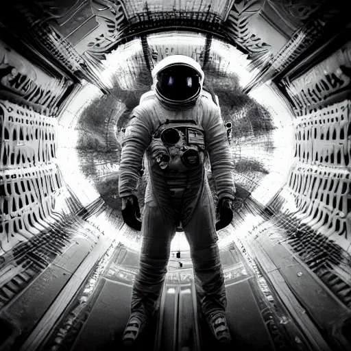 Image similar to concept art astronaut in futuristic dark and empty sci - fi spaceship. infrared complex and hyperdetailed technical suit design. mandelbulb fractal underwater space. reflection and dispersion materials rays and dispersion of light breaking through the deep water. 5 0 mm, f / 3 2. noise film photo. flash photography