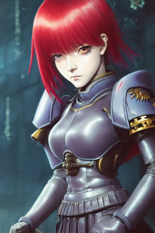 Image similar to portrait of Anime sister of battle, Warhammer 40000, cute-fine-face, red-short-hair pretty face, realistic shaded Perfect face, fine details. Anime. realistic shaded lighting by Ilya Kuvshinov katsuhiro otomo ghost-in-the-shell, magali villeneuve, artgerm, rutkowski, WLOP Jeremy Lipkin and Giuseppe Dangelico Pino and Michael Garmash and Rob Rey