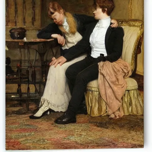 Prompt: young victorian man and woman solving an escape room riddle, sitting, thinking painted by alfred stevens