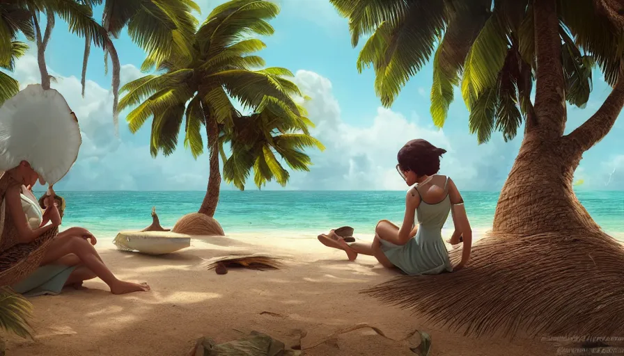 Prompt: very very small lakshadweep island, sitting on a gigantic coconut tree leaf by ilya kuvshinov, rtx rendering, octane render 1 2 8 k, maya, extreme high intricate details by tom bagshaw, medium shot, close up shot, composition by sana takeda, lighting by greg rutkowski