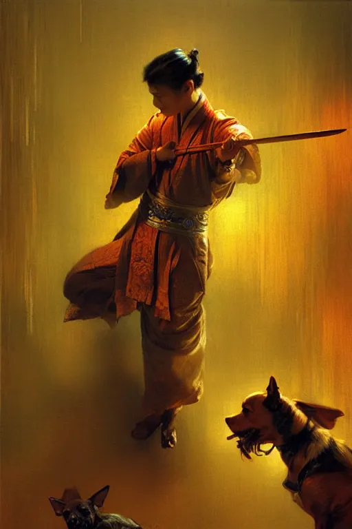 Image similar to dog, wuxia, neon light, painting by gaston bussiere, craig mullins, j. c. leyendecker