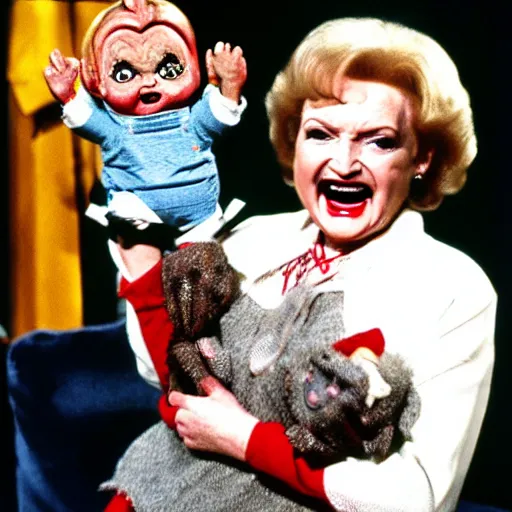 Image similar to betty white holding chucky the killer doll