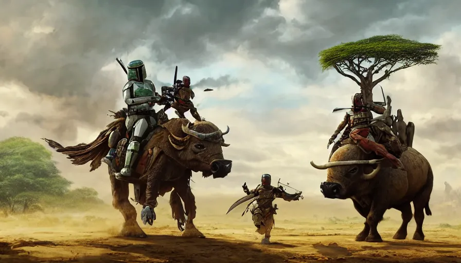 Prompt: boba fett riding a buffalo through madagascar with baobabs trees, animals chasing, action scene, an epic fantasy, artgerm and greg rutkowski and alphonse mucha, an epic fantasy, volumetric light, detailed, establishing shot, cinematic, photorealistic, hyper detailed, ultra realistic, trending on art station, octane render, midsommar