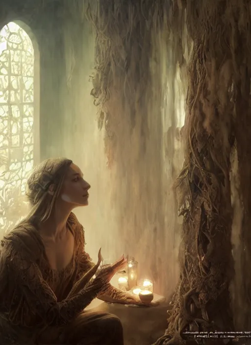 Image similar to inside covens den, diffuse lighting, fantasy epic, hdrp smoke, intricate facial detailing, highly detailed, lifelike, photorealistic, digital painting, artstation, unreal 5, concept art, smooth, sharp focus, art by john collier and albert aublet and krenz cushart and artem demura and alphonse mucha