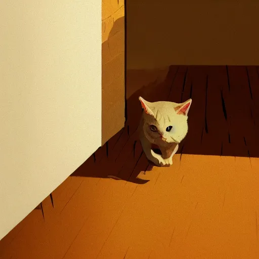 Prompt: close up of a cat stretching, in a house hallway, silhouette, warm colors, beautiful composition, by Atey Ghailan, by Craig Mullins and Dan Mumford, digital art, matte painting, trending on artstation,