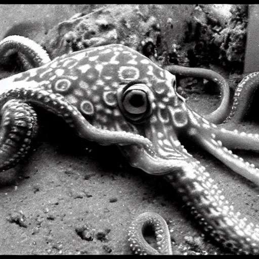 Prompt: octopus trailcam footage, grainy black and white, low quality, security camera