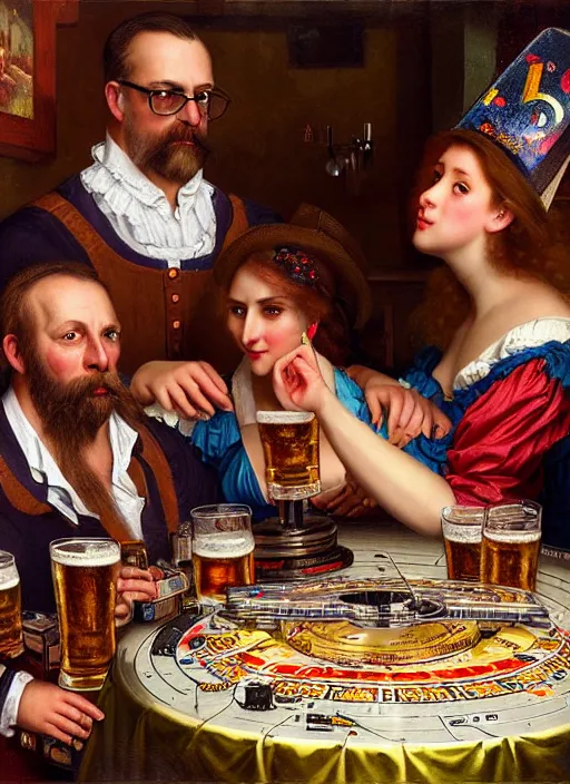 Prompt: large technics dj table octoberfest invite card, large clean faced man and large round faced woman watching together to the camera, beer glasses, strudels and birthday presents surrounded by presents, realistic, highly detailed, digital illustration, trending in artstation, classical painting, smooth, sharp focus art by ilya repin