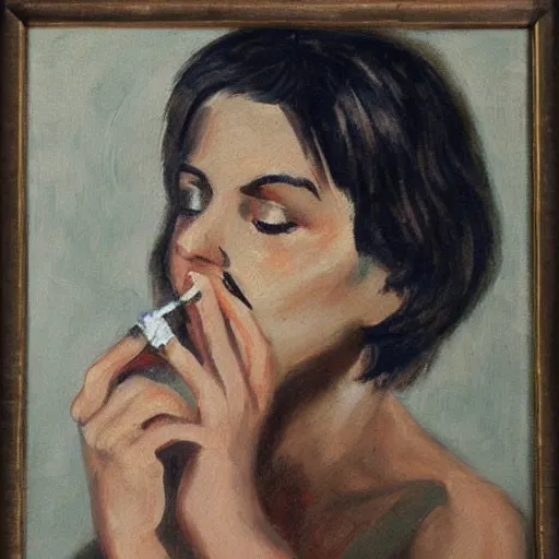 Prompt: painting of a short haired brunette french girl smoking a cigarette, heavy bags under her eyes, 1960s, very detailed, museum quality