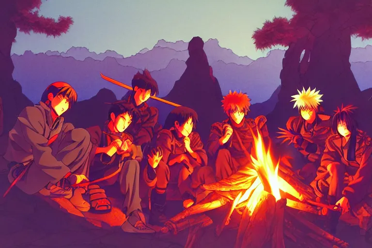 Image similar to cel shaded study of a group of anime warriors sitting around a campfire at night, key visual with intricate linework, in the style of moebius, ayami kojima, 9 0's anime, retro fantasy