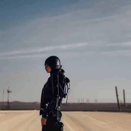 Prompt: photograph of a techwear woman, closeup, on a desert road with a futuristic city in the horizon, sigma 85mm f/1.4, 4k, depth of field, high resolution, 4k, 8k, hd, full color