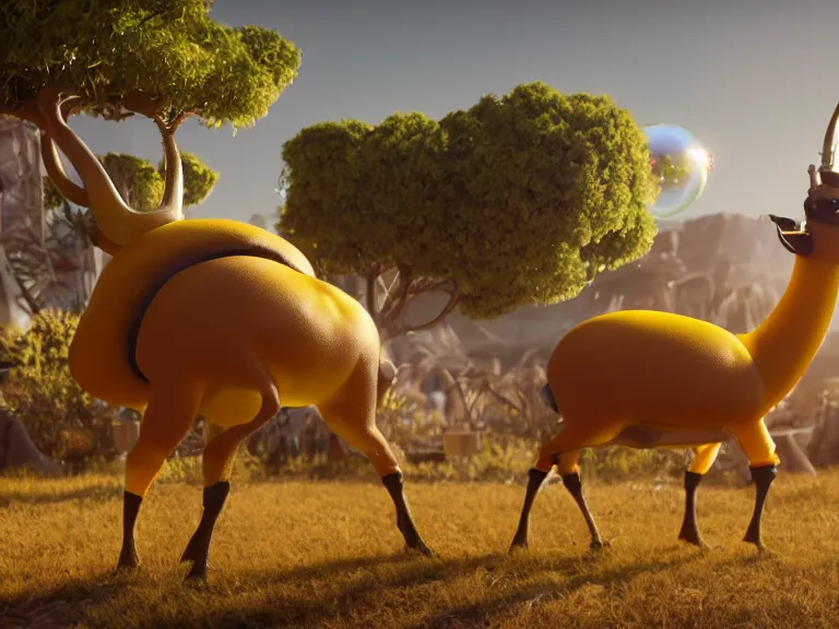 Prompt: The boomalope is a llama that grows large yellow translucent leather bags or bubbles of volatile chemicals on its back, developed by geneticists to produce chemicals. Concept art, octane render, extremely high detailed, details, hyperrealism, cinematic, 8k, depth of field