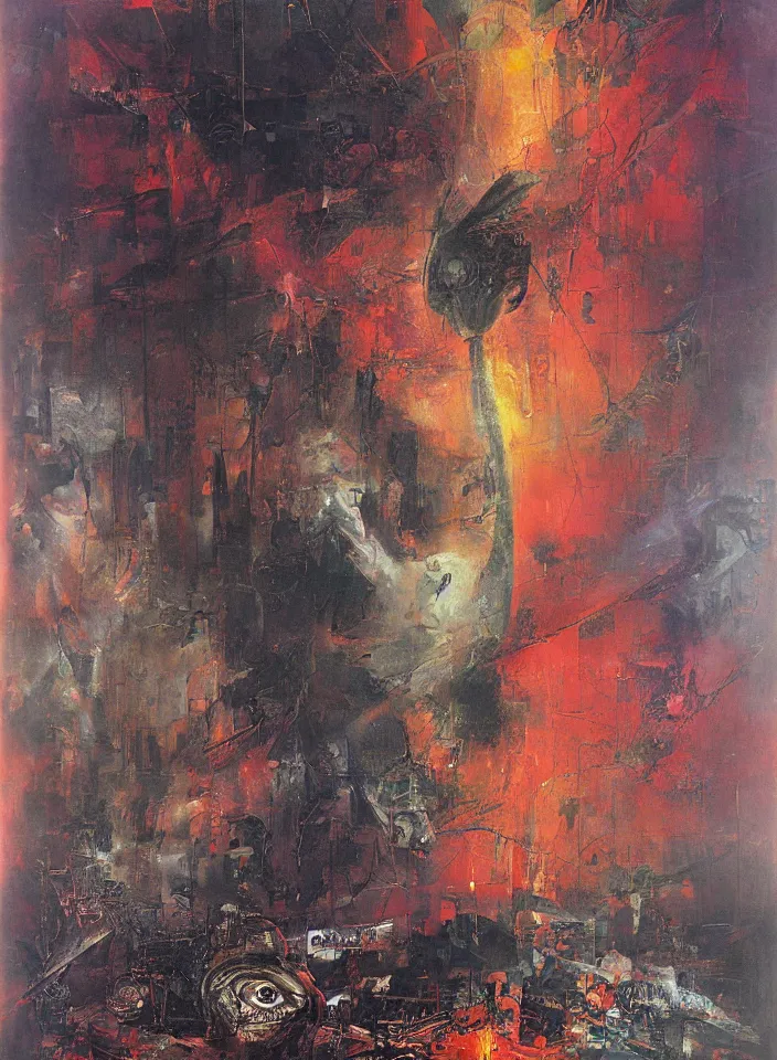 Image similar to the blind liberty of the few, red and purple palette, volume light, fog, by mimmo rotella by ( h. r. giger ) and paul lehr