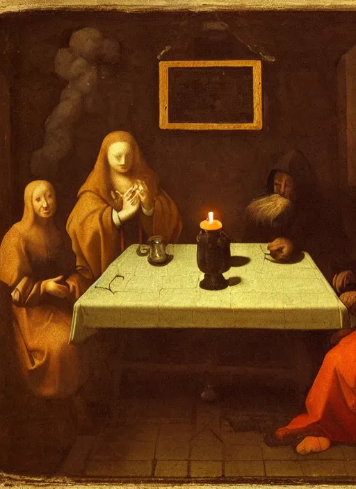 Image similar to a candlelit table at the inn, evening, dark room, two young people sitting at the table, swirling smoke, dark smoke, realistic, in the style of leonardo da vinci, dutch golden age, amsterdam, medieval painting by jan van eyck, johannes vermeer, florence