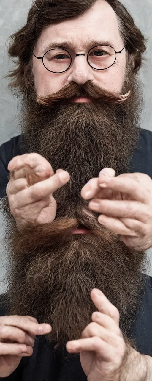 Image similar to aged harry potter with long beards and beautiful mustache, beard balm in his hand