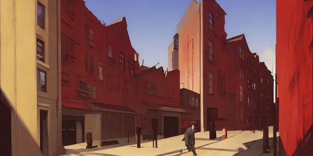 Image similar to city alley by Edward Hopper and James Gilleard, Zdzislaw Beksinski, highly detailed