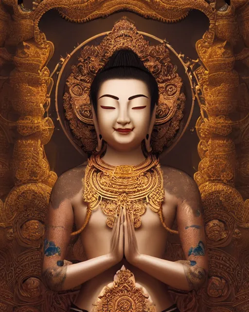 Prompt: portrait of a smiling bodhisattva, praying meditating, elegant, intricate, cinematic, ornate, by wlop