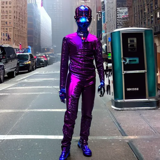 Prompt: nyc street photo, a futuristic android with limbs made out of stretchy rubber tubing mixed with shiny colorful giant intricate detailed chrome gauntlets and chest piece and discoball mask, wearing a long purple velvet cape, talking on a payphone, fog and mist