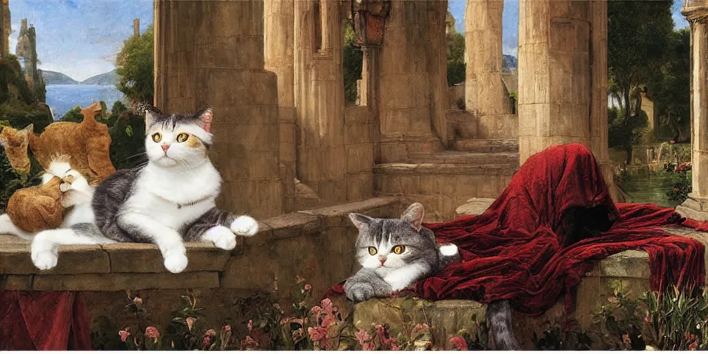 Image similar to 3 d precious moments plush cat, sitting in a castle, realistic fur, master painter and art style of john william waterhouse and caspar david friedrich and philipp otto runge