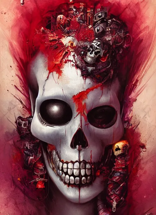 Image similar to queen of hearts, cyborg, skull, highly detailed, cinematic, 8 k, by megan duncanson, benjamin lacombe, adrian borda, stanley artgermm, tom bagshaw, craig mullins, carne griffiths, ayami kojima, beksinski, giger, trending on deviantart, hyper detailed, horror, full of colour