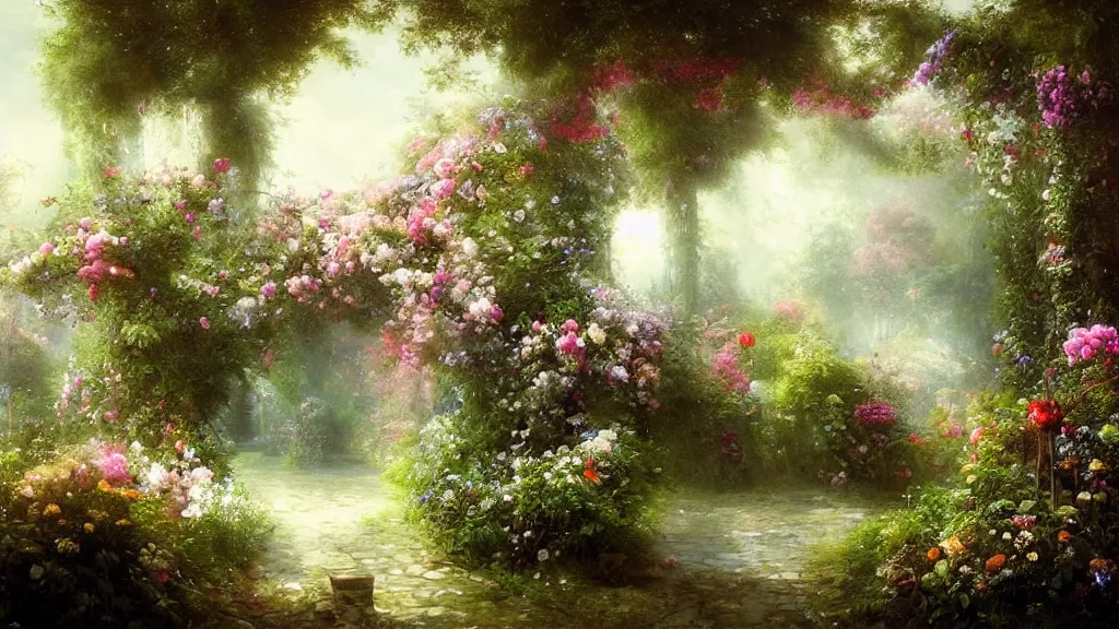 Image similar to a secret garden with many flowers. andreas achenbach, artgerm, mikko lagerstedt, zack snyder, tokujin yoshioka