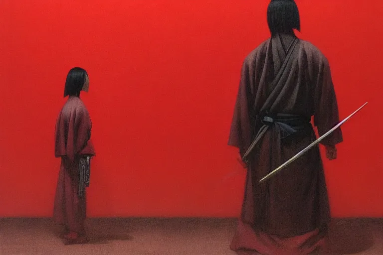 Image similar to only with red, a red samurai harakiri, tokio, a lot of frogs watch, in the style of beksinski, parts by edward hopper, parts by rodcenko, parts by yue minjun, intricate and epic composition, red by caravaggio, insanely quality, highly detailed, masterpiece, red light, artstation, 4 k