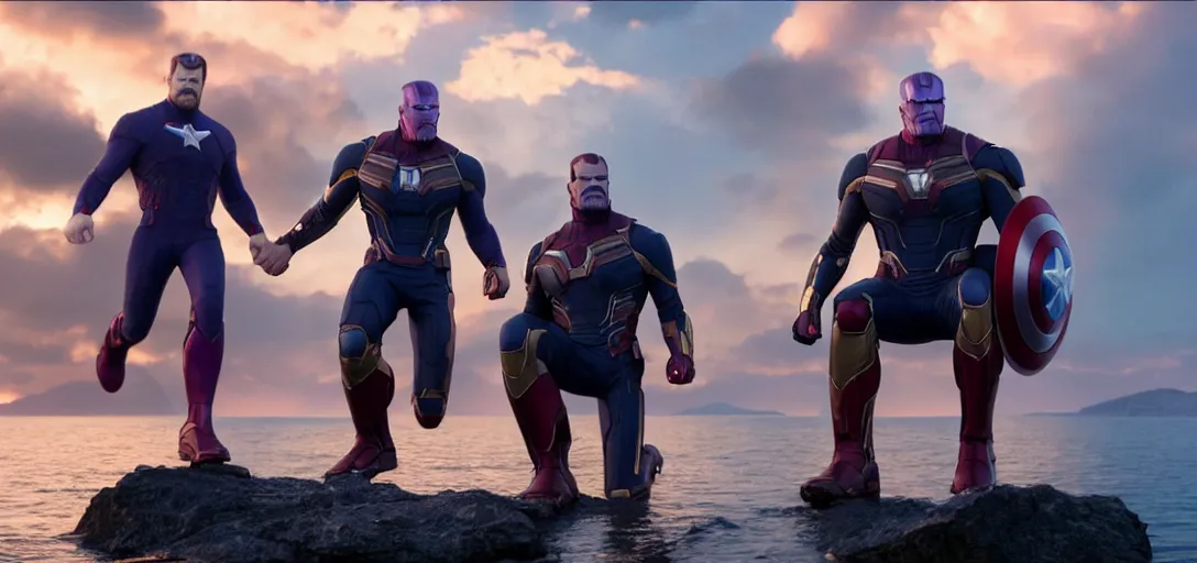 Image similar to a very high resolution image from a new movie. thanos kissing tony stark while capitan america watches on a lake, photorealistic, photography, directed by wes anderson