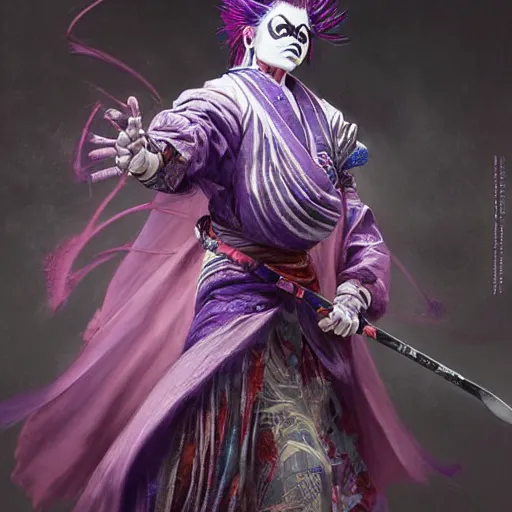 Image similar to an epic portrait of insane kabuki male wielding a spear covered in a distorting aura, intricate purple hakama, poofy red wig, eerie, highly detailed, dark fantasy, shallow depth of field, art by artgerm and greg rutkowski